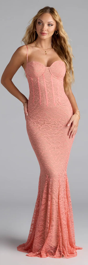 Feel instantly put-together in the Ariella Corset Mermaid Lace Formal Dress in coral, a stylish wedding guest dress designed for confident style and all-out celebration.