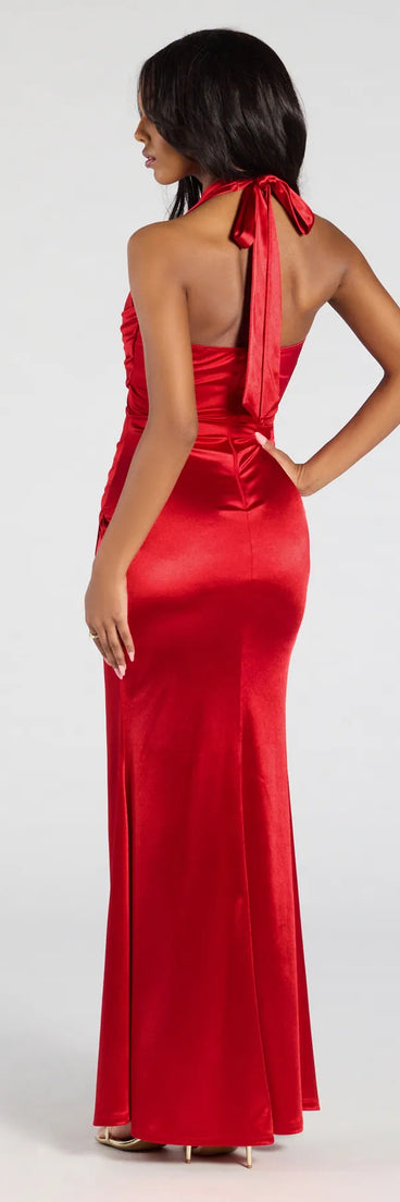 Make a statement in the Joanne Halter Slit Mermaid Satin Formal Dress, a bold red prom dress designed to exude confidence, elegance, and a striking prom-night look.