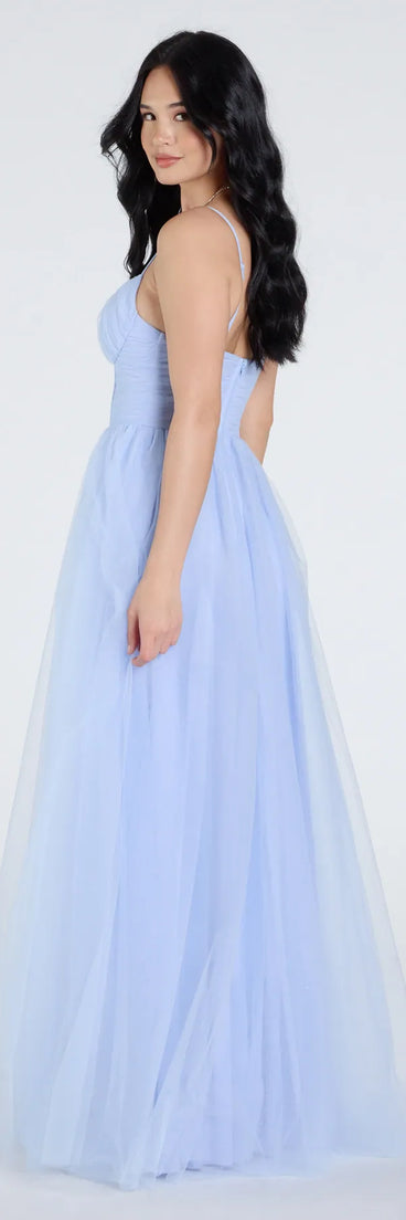 Step into the Prom 2025 dance in the Kim Corset Slit A-Line Tulle Formal Dress in light blue, a stunning blue prom dress designed to complement any theme with its timeless allure and statement-making style.