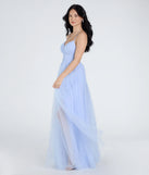 Make the big day unforgettable with the Kim Corset Slit A-Line Tulle Formal Dress, a gorgeous light blue bridesmaid dress that balances elegance and affordability.