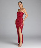 Own the spotlight in the Jolie Sequin Slit Formal Dress, a red formal dress crafted to deliver luxe style for summer weddings, Army Balls, or any special event.
