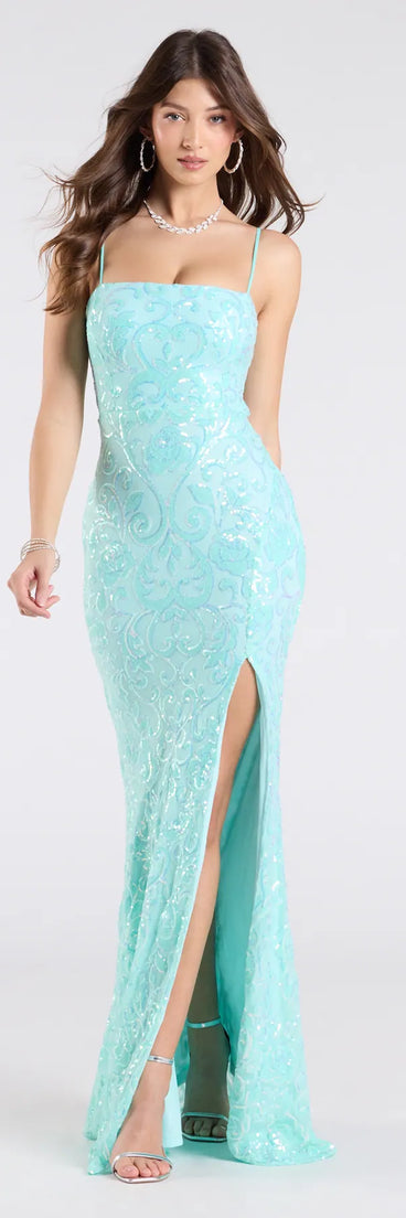 Own the spotlight in the Dana Tie Back Slit Sequin Formal Dress, a mint green formal dress crafted to deliver luxe style for summer weddings, Army Balls, or any special event.
