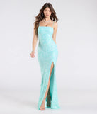 The Dana Tie Back Slit Sequin Formal Dress in mint is a stunning green prom dress designed to capture attention with its fresh or bold color and effortlessly stylish silhouette.