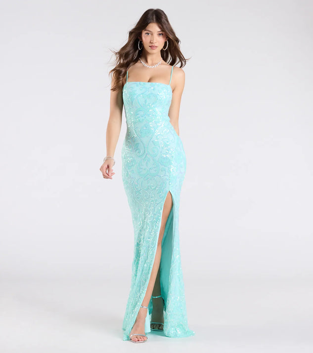 Own the spotlight in the Dana Tie Back Slit Sequin Formal Dress, a mint green formal dress crafted to deliver luxe style for summer weddings, Army Balls, or any special event.
