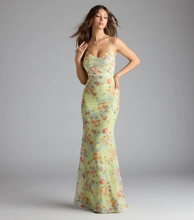 Rosalee Lace-Up Floral Mesh Formal Dress