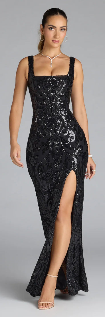Own the spotlight in the Taylor Lace-Up Slit Sequin Formal Dress, a black formal dress crafted to deliver luxe style for autumn weddings, Military Balls, or any special event.