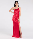 Feel instantly put-together in the Contessa One-Shoulder Slit Satin Formal Dress in red, a summer wedding guest dress designed for confident style and all-out celebration.
