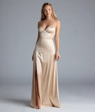 Turn heads at Prom 2025 in this gold prom dress, where statement-making details meet the iconic style of the Allegra Lace-Up Slit A-Line Satin Formal Dress.
