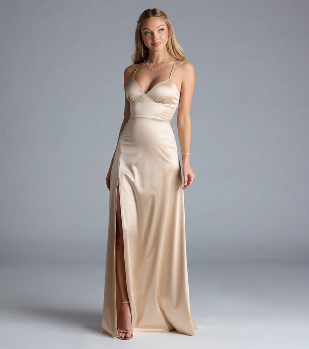 Turn heads at Prom 2025 in this gold prom dress, where statement-making details meet the iconic style of the Allegra Lace-Up Slit A-Line Satin Formal Dress.