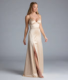 Turn heads at Prom 2025 in this gold prom dress, where statement-making details meet the iconic style of the Allegra Lace-Up Slit A-Line Satin Formal Dress.