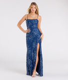 Step into the Prom 2025 dance in the Mandy Lace-Up Slit Mermaid Sequin Formal Dress in denim, a stunning blue prom dress designed to complement any theme with its timeless allure and statement-making style.