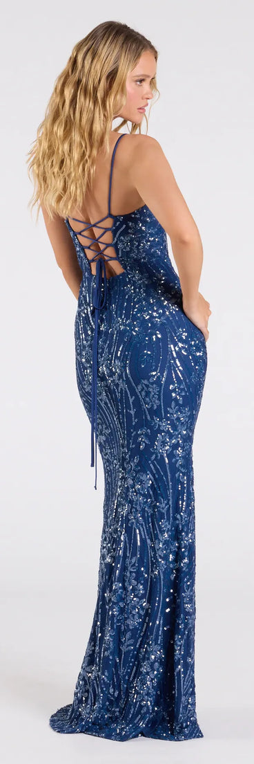 Step into the Prom 2025 dance in the Mandy Lace-Up Slit Mermaid Sequin Formal Dress in denim, a stunning blue prom dress designed to complement any theme with its timeless allure and statement-making style.