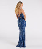 Step into the Prom 2025 dance in the Mandy Lace-Up Slit Mermaid Sequin Formal Dress in denim, a stunning blue prom dress designed to complement any theme with its timeless allure and statement-making style.