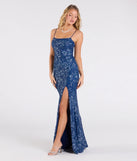 Step into the Prom 2025 dance in the Mandy Lace-Up Slit Mermaid Sequin Formal Dress in denim, a stunning blue prom dress designed to complement any theme with its timeless allure and statement-making style.