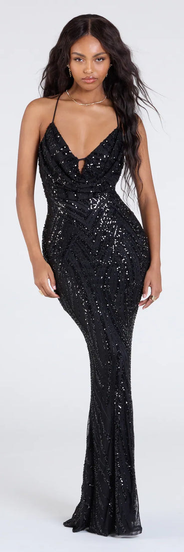 The Kailey Lace-Up Mermaid Sequin Beaded Formal Dress is your new go-to black dress—effortless, versatile, and made to update your fall style in seconds.