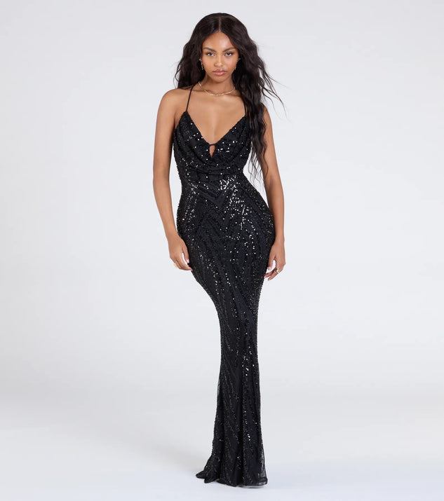 Own the spotlight in the Kailey Lace-Up Mermaid Sequin Beaded Formal Dress, a black formal dress crafted to deliver luxe style for summer weddings, Army Balls, or any special event.