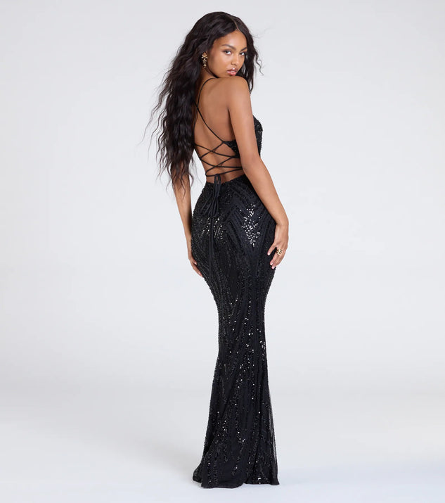 Kailey Lace-Up Mermaid Sequin Beaded Formal Dress | Windsor