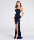 Step into the Prom 2025 dance in the Everly Strapless Slit Mermaid Glitter Formal Dress in navy, a stunning blue prom dress designed to complement any theme with its timeless allure and statement-making style.