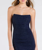 Step into the Prom 2025 dance in the Everly Strapless Slit Mermaid Glitter Formal Dress in navy, a stunning blue prom dress designed to complement any theme with its timeless allure and statement-making style.