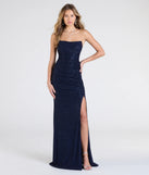 Step into the Prom 2025 dance in the Everly Strapless Slit Mermaid Glitter Formal Dress in navy, a stunning blue prom dress designed to complement any theme with its timeless allure and statement-making style.