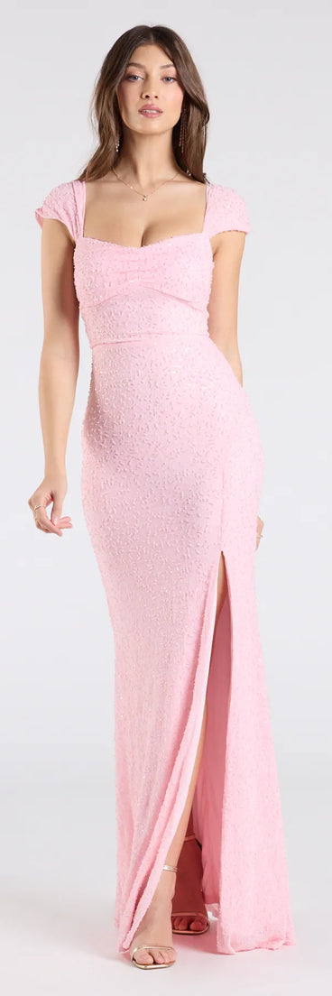 Feel instantly put-together in the Greta Short Sleeve Lace-Up Slit Beaded Formal Dress in pink, a summer wedding guest dress designed for confident style and all-out celebration.
