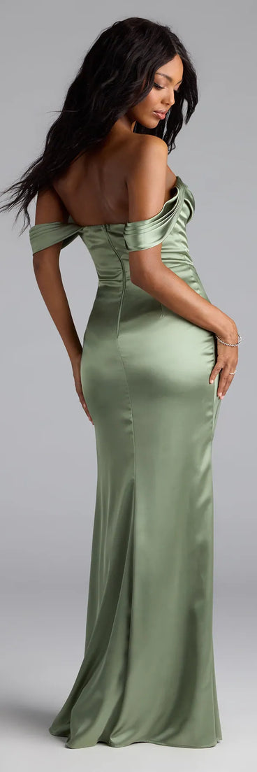 Own the spotlight in the Lova Off-The-Shoulder Corset Satin Formal Dress, a sage green formal dress crafted to deliver luxe style for autumn weddings, Military Balls, or any special event.