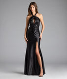 Turn heads at Prom 2025 in this black prom dress, where statement-making details meet the iconic style of the Brookelle Halter Applique Slit Satin Formal Dress.