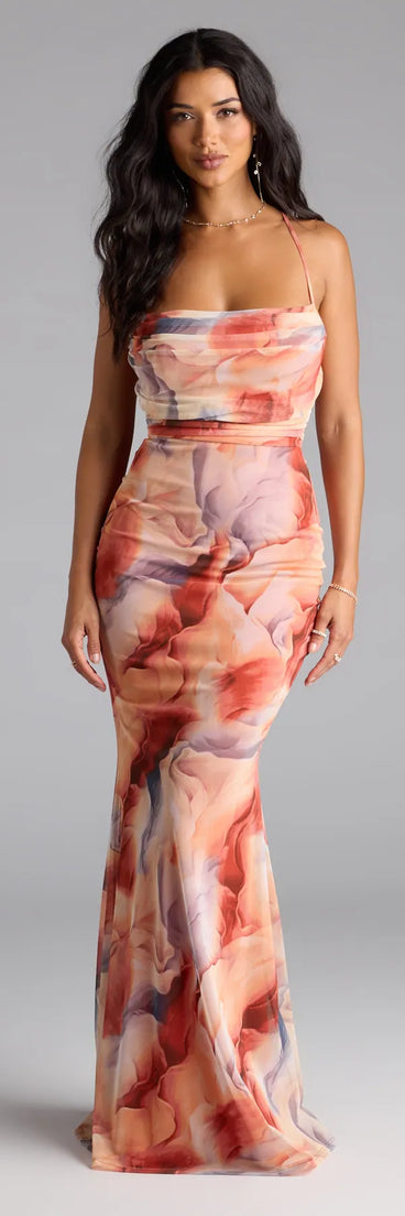 Feel instantly put-together in the Korey Lace-Up Mermaid Abstract Formal Dress in rust, a stylish wedding guest dress designed for confident style and all-out celebration.