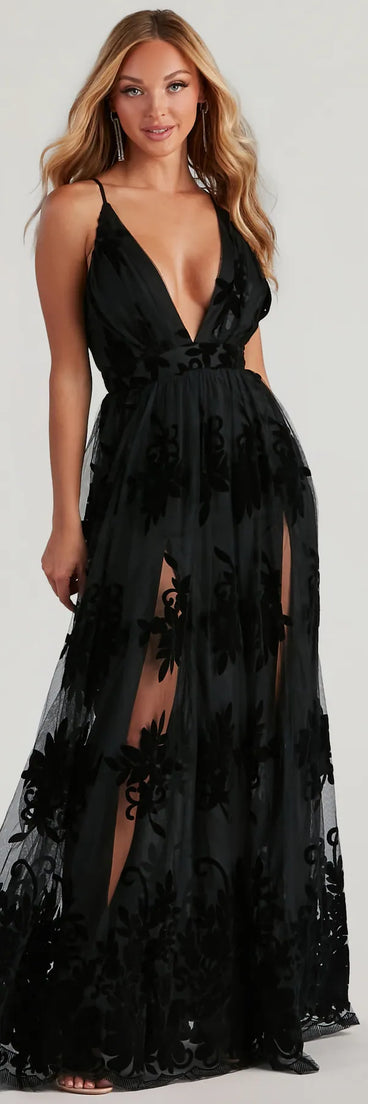 Celebrate in style with the Morgan Flocked Velvet A-Line Formal Dress, a black formal wedding guest dress featuring an elegant silhouette and luxe details, perfect for a black-tie celebration.