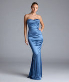 Turn heads at Prom 2025 in this denim blue prom dress, where statement-making details meet the iconic style of the Priscilla Formal Satin Strapless Mermaid Dress.
