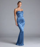 Turn heads at Prom 2025 in this denim blue prom dress, where statement-making details meet the iconic style of the Priscilla Formal Satin Strapless Mermaid Dress.