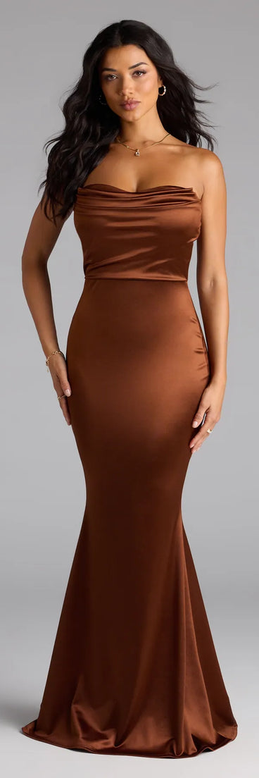 Feel instantly put-together in the Priscilla Formal Satin Strapless Mermaid Dress in brown, a fall wedding guest dress designed for confident style and all-out celebration.