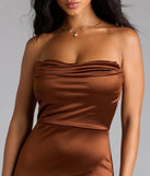 Step into summer looking effortlessly chic in the Priscilla Formal Satin Strapless Mermaid Dress in brown, a must-have Windsor dress for your warm-weather wardrobe.