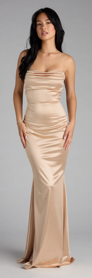 Feel ready for every dance floor moment or feed-worthy reel in the Priscilla Formal Satin Strapless Mermaid Dress, a taupe homecoming dress designed to own your moment.