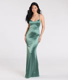 Make a bold statement in the Emmie Lace-Up Mermaid Satin Formal Dress in sage green, the perfect green dress for weddings, cocktail hours, nights out, and/or seasonal celebrations.