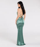 Make a bold statement in the Emmie Lace-Up Mermaid Satin Formal Dress in sage green, the perfect green dress for weddings, cocktail hours, nights out, and/or seasonal celebrations.