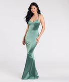 Make a bold statement in the Emmie Lace-Up Mermaid Satin Formal Dress in sage green, the perfect green dress for weddings, cocktail hours, nights out, and/or seasonal celebrations.