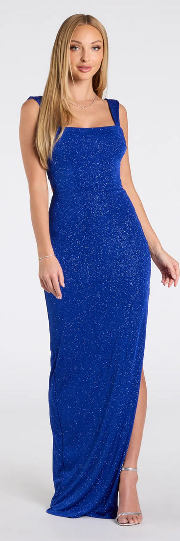 Feel instantly put-together in the Brittney Lace-Up Slit Bodycon Glitter Formal Dress in royal blue, a stylish wedding guest dress designed for confident style and all-out celebration.