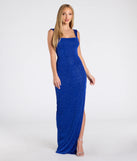 Feel instantly put-together in the Brittney Lace-Up Slit Bodycon Glitter Formal Dress in royal blue, a summer wedding guest dress designed for confident style and all-out celebration.