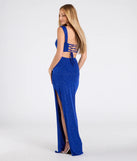Step into the Prom 2025 dance in the Brittney Lace-Up Slit Bodycon Glitter Formal Dress in royal, a stunning blue prom dress designed to complement any theme with its timeless allure and statement-making style.