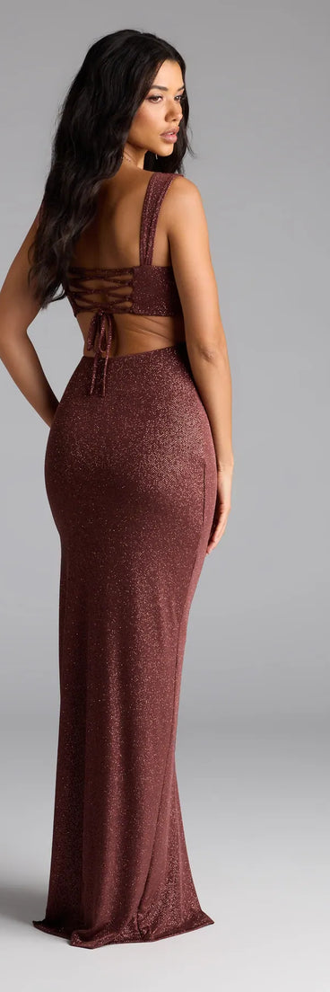 Own the spotlight in the Brittney Lace-Up Slit Bodycon Glitter Formal Dress, a brown formal dress crafted to deliver luxe style for autumn weddings, Military Balls, or any special event.