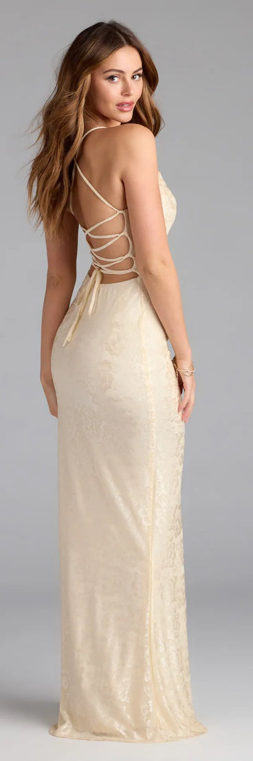 Own the spotlight in the Kehlani Formal Floral Lace Slit Mermaid Dress, a ivory formal dress crafted to deliver luxe style for autumn weddings, Military Balls, or any special event.