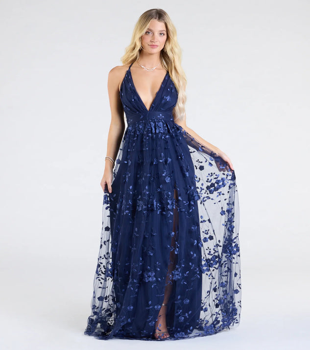 The Nina Strappy A-Line Floral Tulle Formal Dress in luxe navy blue fabric, a stunning prom dress with statement details designed to make a bold impression at Prom 2025.