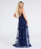 Step into the Prom 2025 dance in the Nina Strappy A-Line Floral Tulle Formal Dress in navy, a stunning blue prom dress designed to complement any theme with its timeless allure and statement-making style.