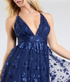 The Nina Strappy A-Line Floral Tulle Formal Dress in luxe navy blue fabric, a stunning prom dress with statement details designed to make a bold impression at Prom 2025.