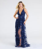 The Nina Strappy A-Line Floral Tulle Formal Dress in luxe navy blue fabric, a stunning prom dress with statement details designed to make a bold impression at Prom 2025.