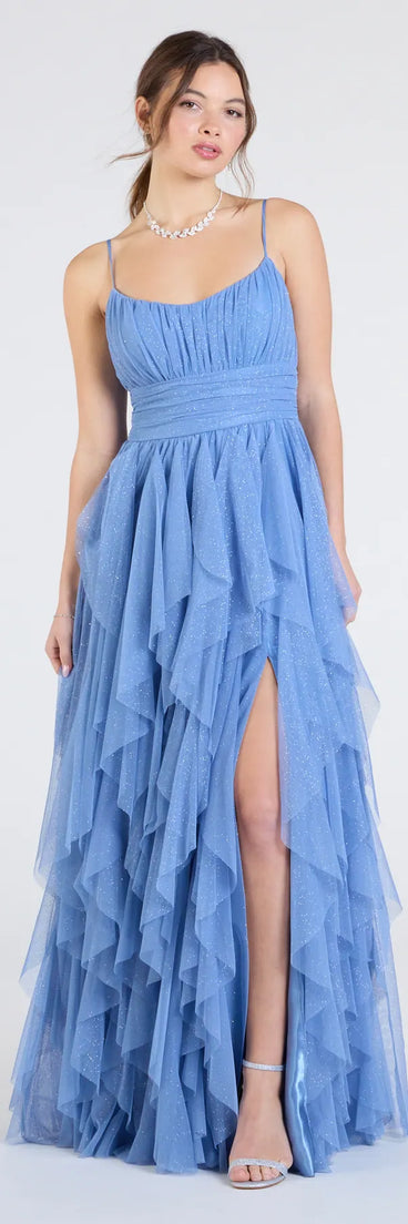 Own the spotlight in the Katrina Ruffled Slit A-Line Glitter Mesh Formal Dress, a light blue formal dress crafted to deliver luxe style for autumn weddings, Military Balls, or any special event.