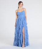 Turn heads at Prom 2025 in this light blue prom dress, where statement-making details meet the iconic style of the Katrina Ruffled Slit A-Line Glitter Mesh Formal Dress.