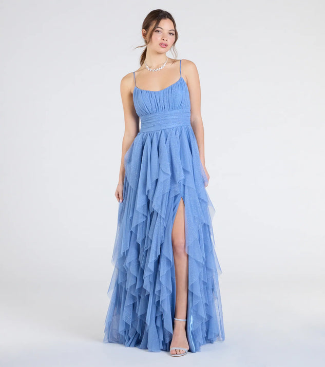 Turn heads at Prom 2025 in this light blue prom dress, where statement-making details meet the iconic style of the Katrina Ruffled Slit A-Line Glitter Mesh Formal Dress.