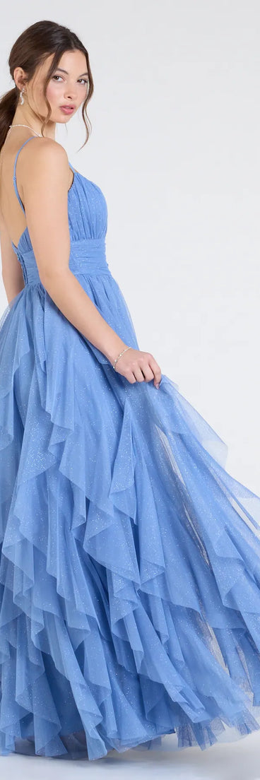 Turn heads at Prom 2025 in this light blue prom dress, where statement-making details meet the iconic style of the Katrina Ruffled Slit A-Line Glitter Mesh Formal Dress.